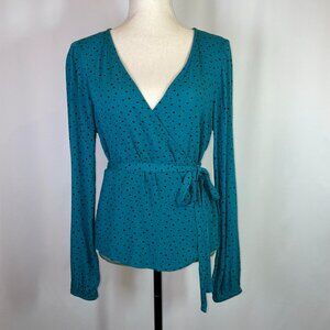 Billabong Wrap Top Size Medium Long Sleeves V Neck Teal Blue Black Polka Dots